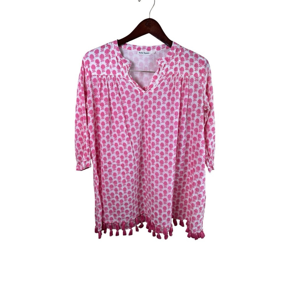 Roller Rabbit Serafina Tunic White Boho Top Tassel Pink Floral Small